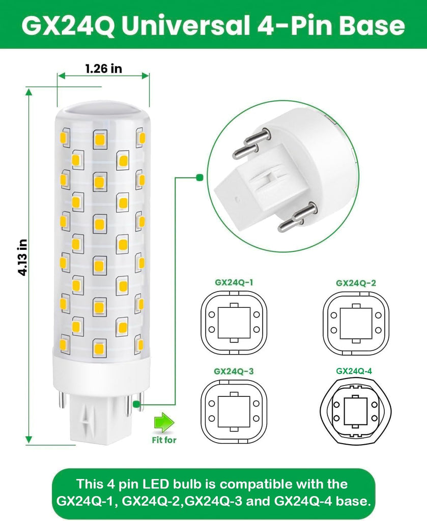 GX24Q LED Bulbs, 3000K Warm White, 4-Pin Base CFL Light Bulb Replacement for 13W 18W 26W Compact Fluorescent Bulb