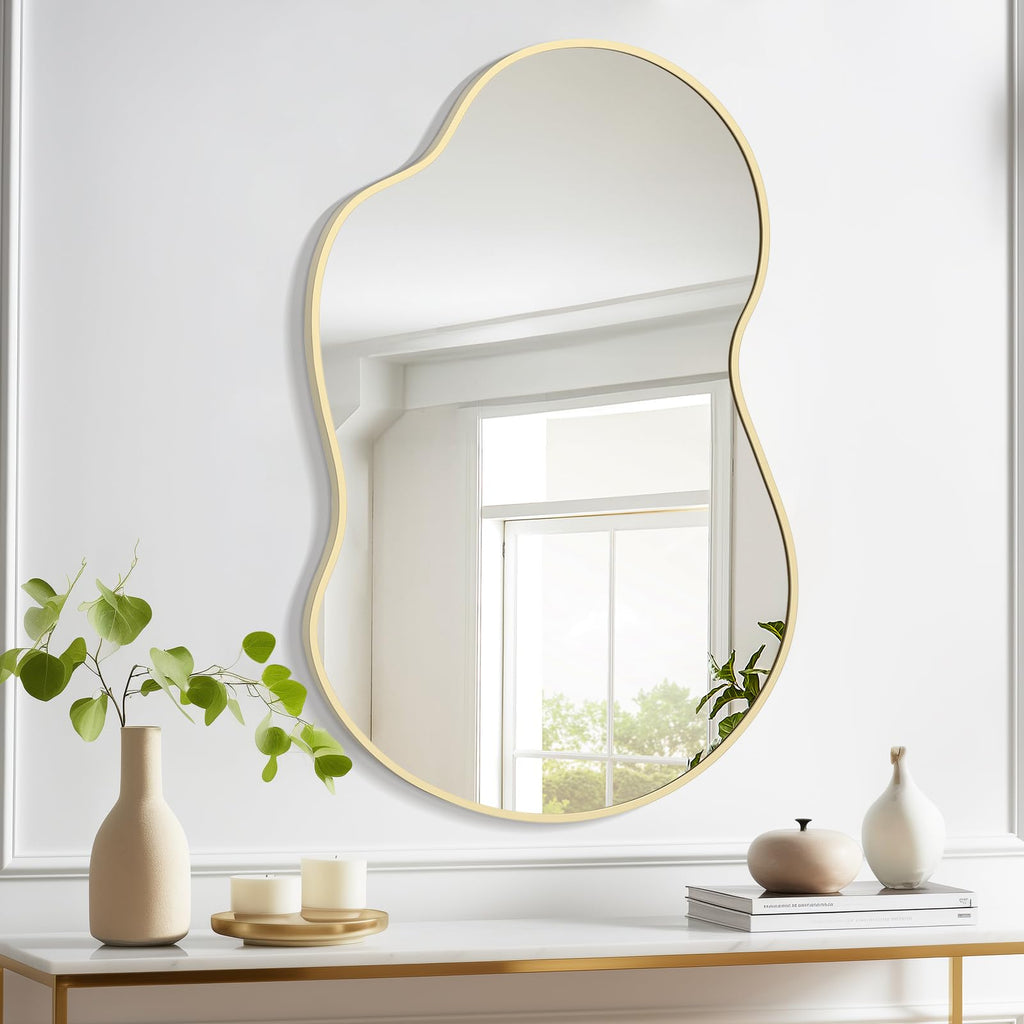 Gold Asymmetrical Mirror, Modern Irregular Wall Mirror with Aluminum Frame, and Entryway 36" H x 24" W (Gold)