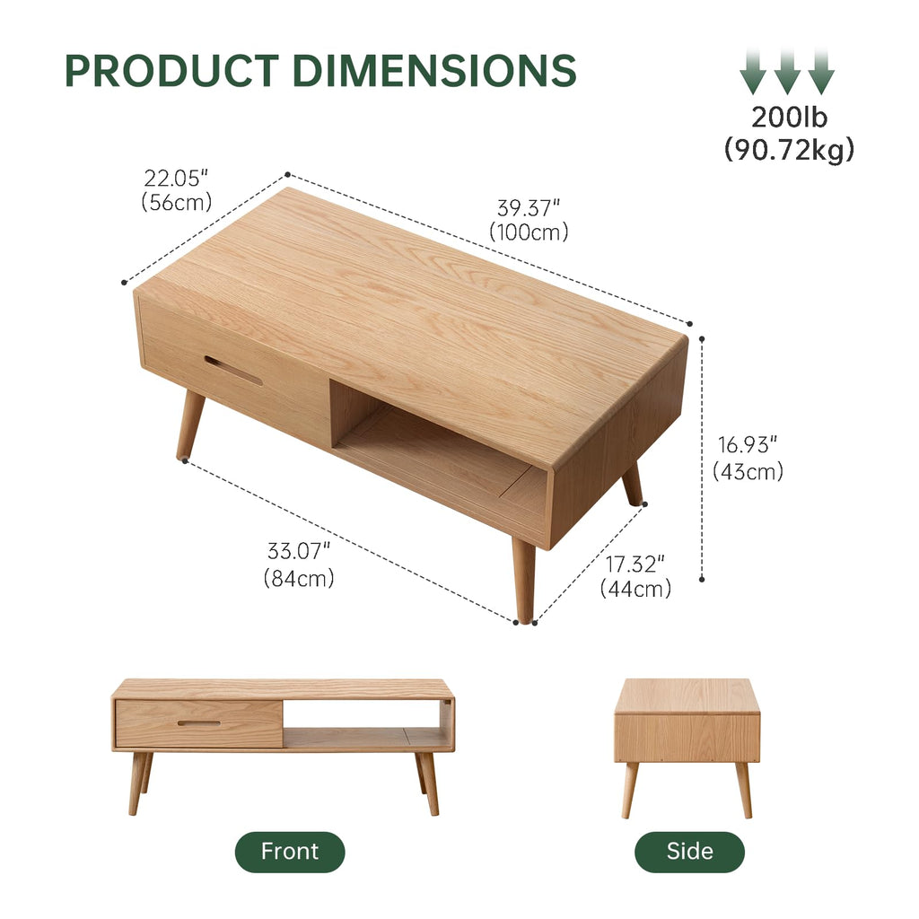 Fully-Assembled 100% Oak Wood Coffee Table with Storage
