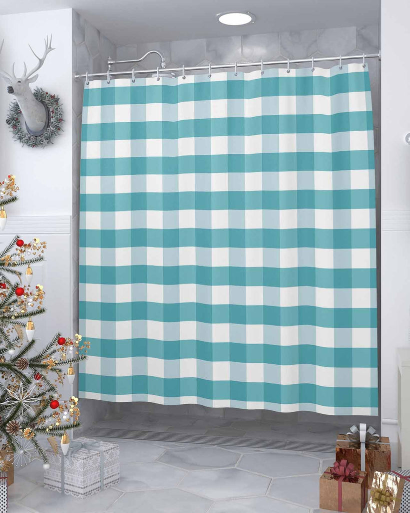 Rustic Teal White Buffalo Check Plaid Pattern, Farmhouse Shower Curtains Set with Hooks, Waterproof Fabric Bathroom