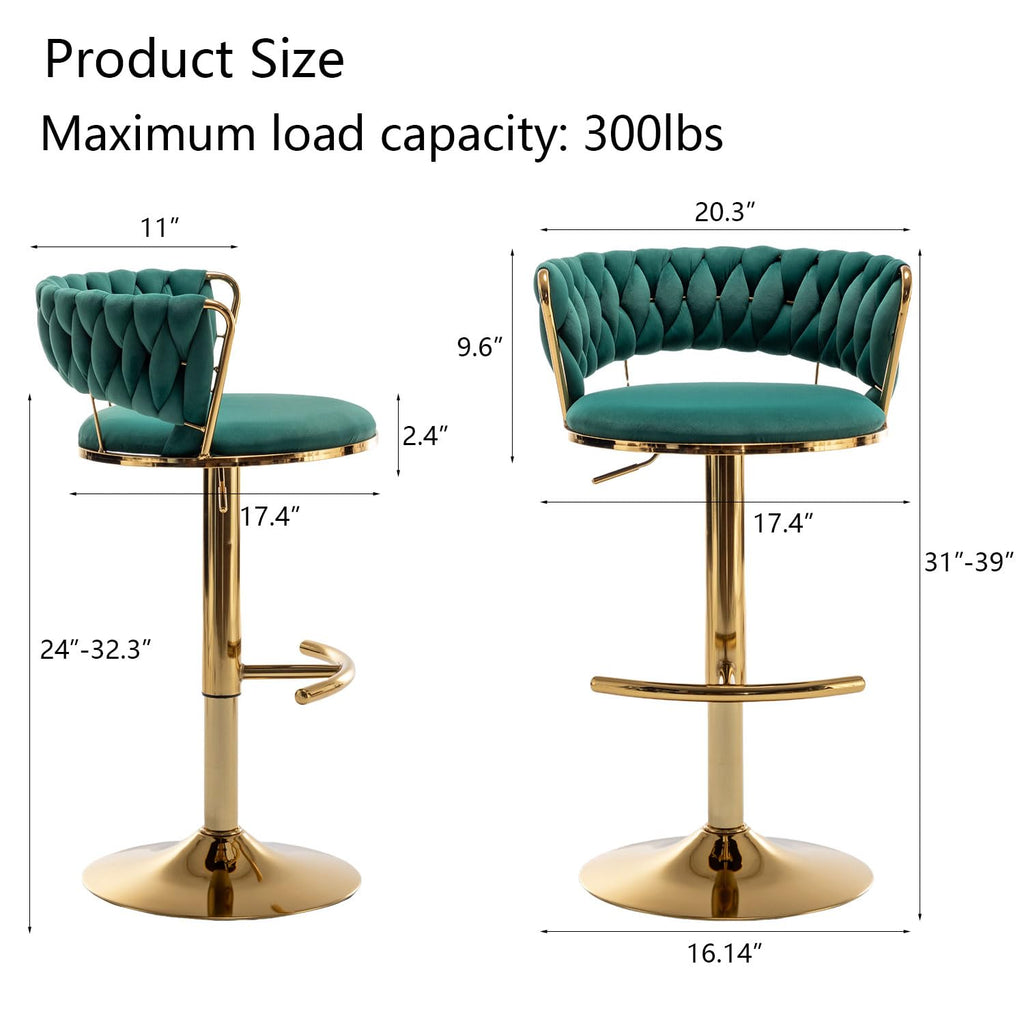 Velvet Bar Stools Set of 3, Counter Height Barstools with Low Back, Gold Swivel Bar Stool Island, Pub (Green)