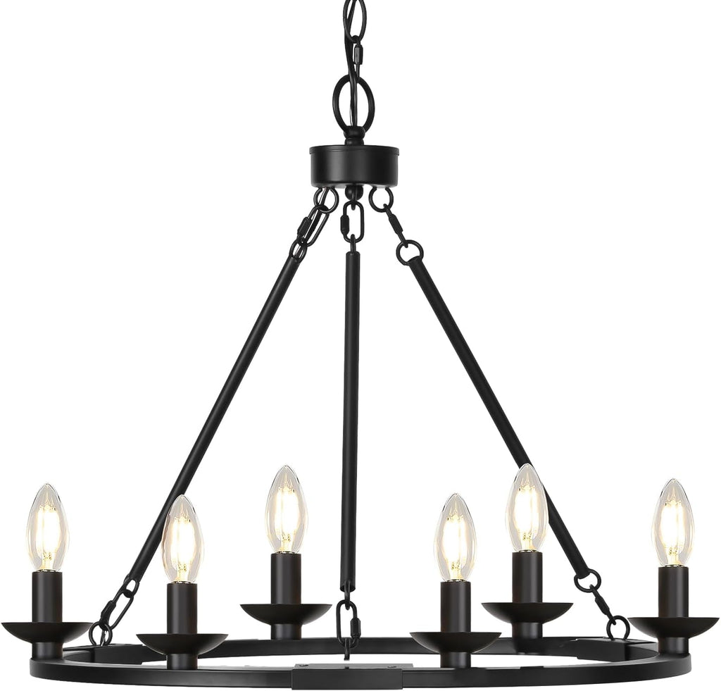 Black Farmhouse Chandelier, 6-Light Wagon Wheel Chandelier with Adjustable Height, Dining Room Light Fixture