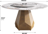 59" Modern Artificial Marble Round Dining Table with Antique Brass Metal Base & 31.5" White Sintered Stone Turntable