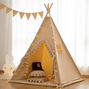 Teepee for Kids Tent Indoor with Floor Mat,Carry Bag,Banner,Play Cottage with Star Light, Cotton Canvas Kids Teepee