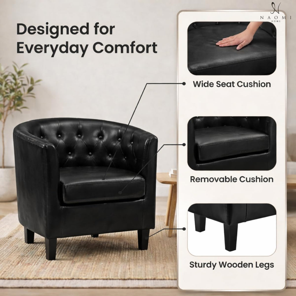 Emma Faux Leather Tufted Barrel Accent Chair - Black