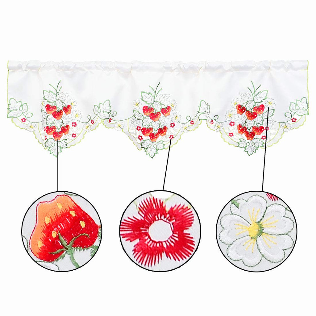 Embroidered Curtain Valance W 57 × L 14 Inches, Spring and Summer Kitchen Window Decorations (Strawberry)