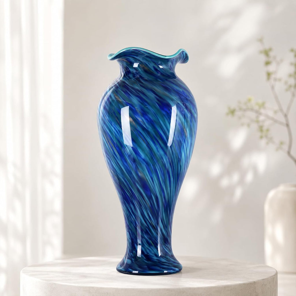 20" Tall Hand Blown Glass Vase - Pretty Ruffle Wide Mouth Decorative Flower Vase, for Modern Home Decor, Ideal