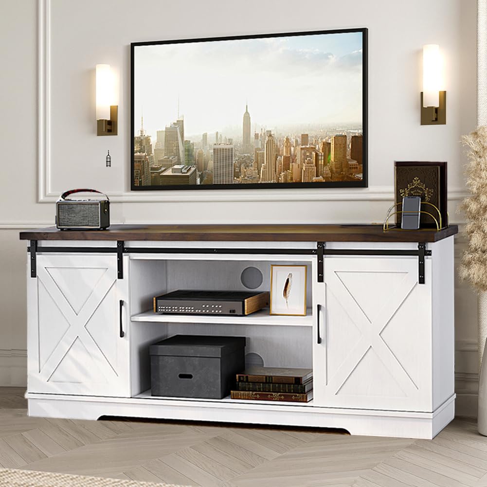 Farmhouse TV Stand, Entertainment Center for 65 Inch TV Media Console Table, White Barn Door TV Stand with Storage