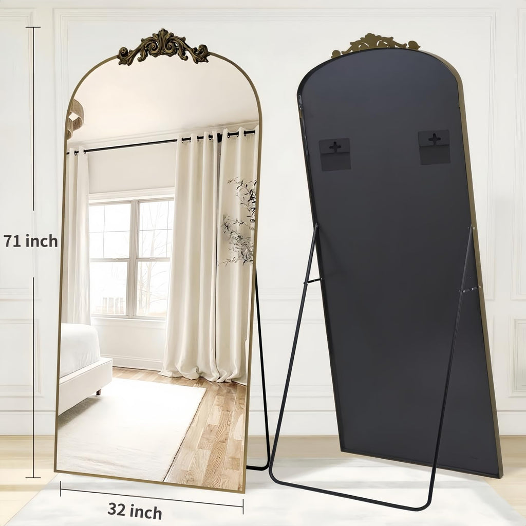 Arched Full Length Mirror, 71"x32" Floor Mirror with Carved, Bronze
