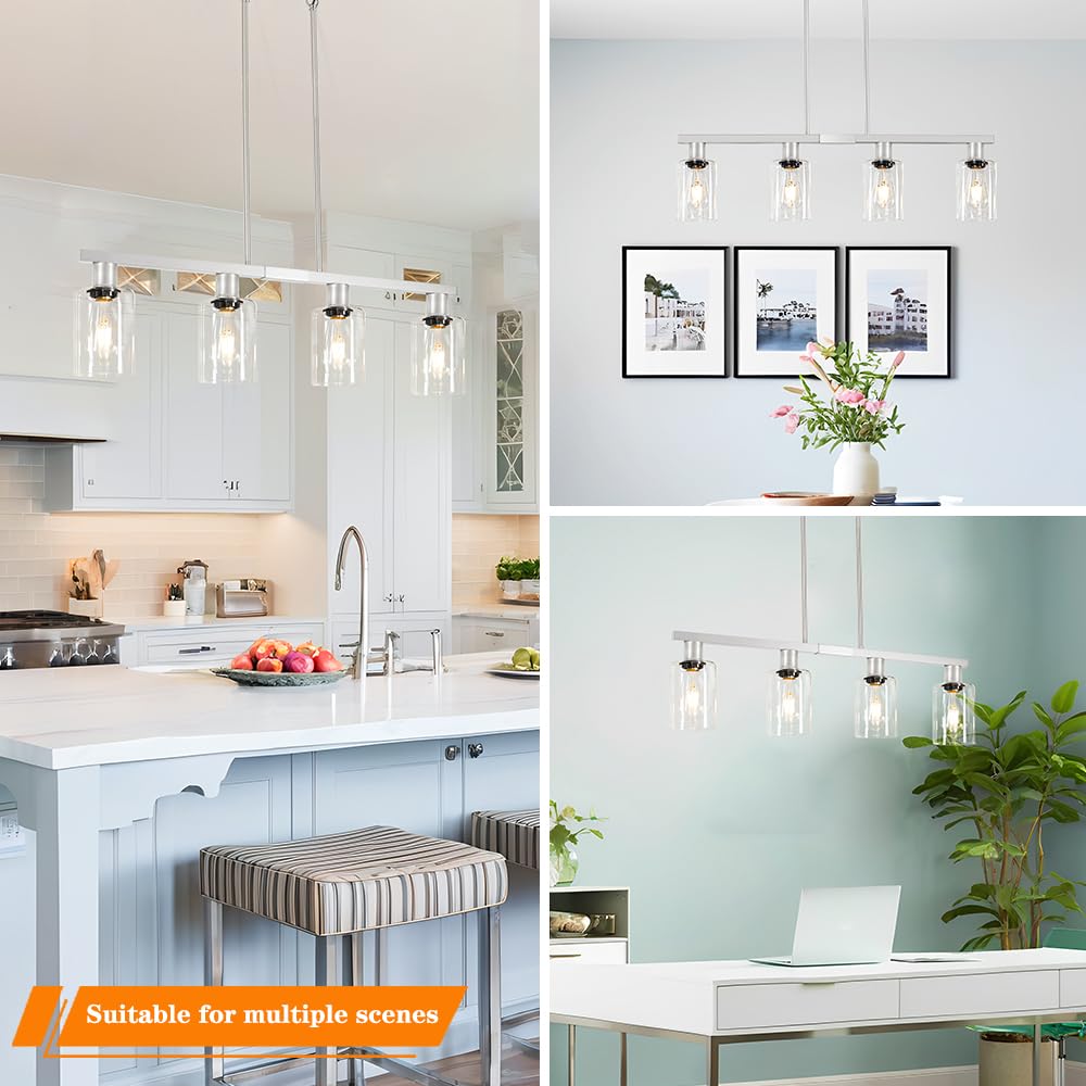 Brushed Nickel 4-Light Kitchen Island Lighting, Adjustable Island Lights with Clear Glass Shades - Kitchen Pendant