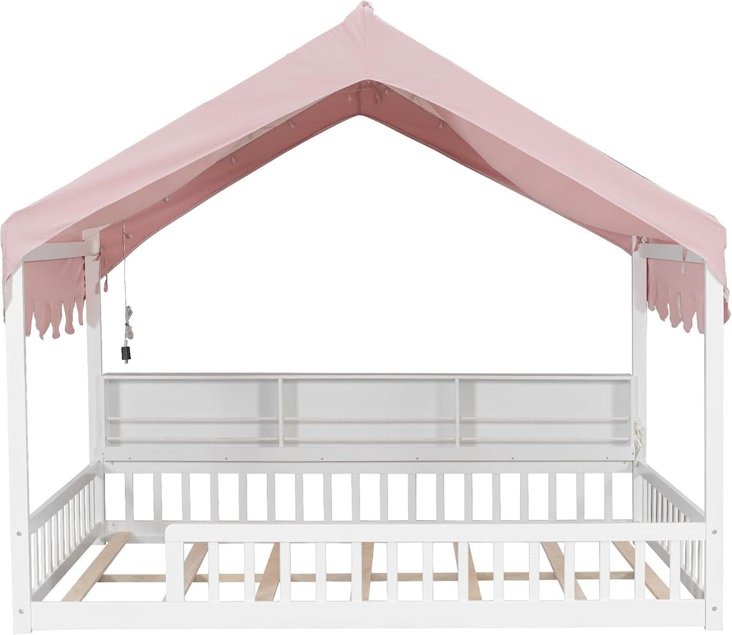 Montessori Floor Bed for Kids Toddler, House Shaped Kids Bed Frame with Safety Guardrail, Curtain &