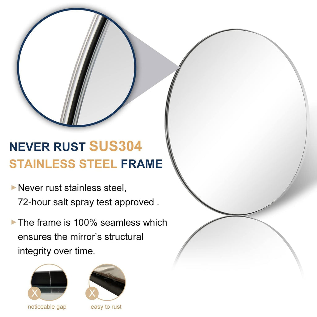 Round Chrome Mirror, 30 inch Round Chrome Mirror, Circle Bathroom Mirror in Stainless Steel Metal Frame