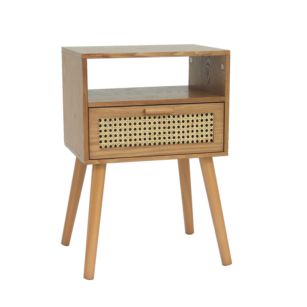 Mid Century Modern Nightstand with Drawer, Small Nightstand Bedside Table, Rattan Nightstand, Wood End Table (Brown)