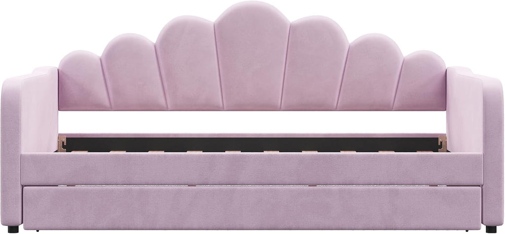 Queen Size Upholstered Daybed with Trundle, Velvet Corner Bed Frame with Shell Shaped Headboard for Kids Teens