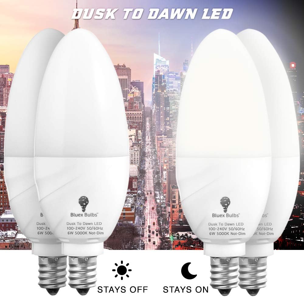 6 Pack BlueX Dusk to Dawn LED Bulbs, 6W E12 Base Light Bulb - 65W Equivalent - 5000K Daylight White - Smart Light