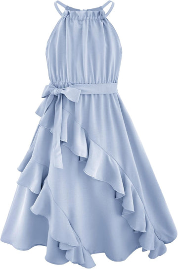 Dresses Tween Halter Tie Back Tiered Ruffle A-Line Flowy Dress Summer Sleeveless Sundress