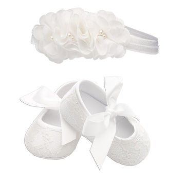 Moments Girls Lace Baptism Shoes & Headband, Light Ivory