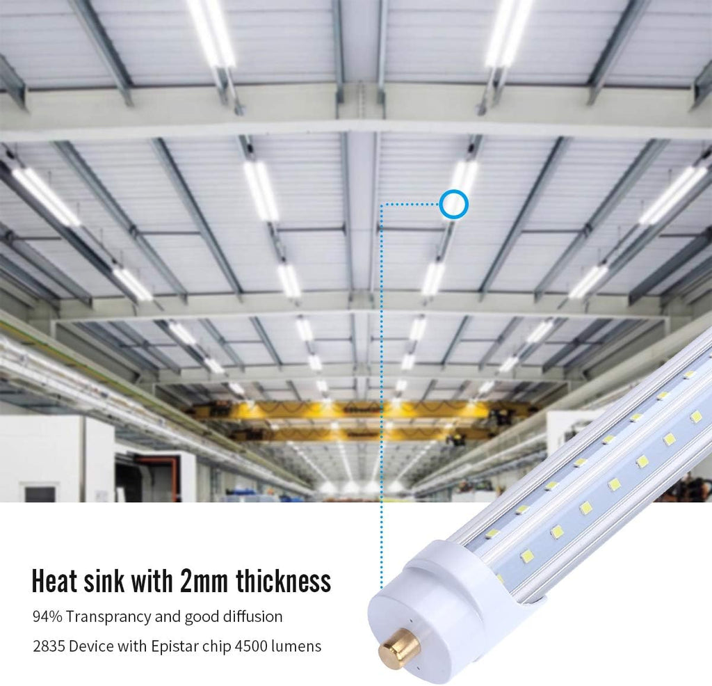 T8 V Shaped 8FT LED Tube Light,Need Bypass Ballast,65W Single Pin FA8 Base, 7800LM, 5000K Daylight White 8 Foot