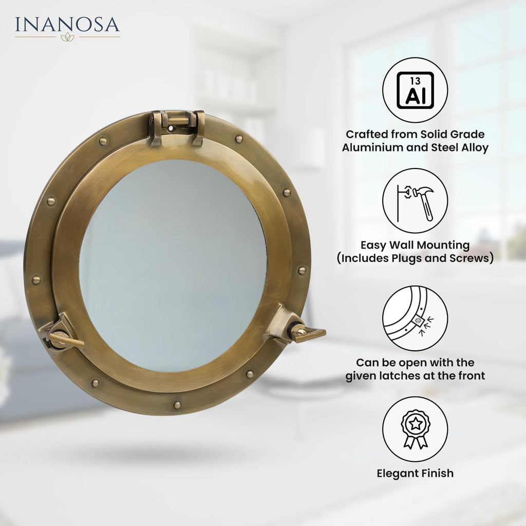 20 Inch Large Porthole Mirror - Nautical Wall Art, Round Antique Brass Aluminum Frame with Mirror Glass for Coastal