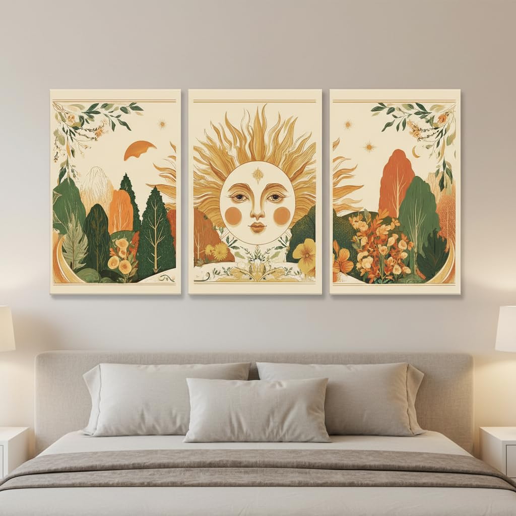 3Pcs Boho Sun Forest Canvas Wall Art, Boho Mountain Wall Decor