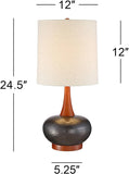 Andi Mid Century Modern Table Lamp 24.5" High Hammered Bronze Ceramic Wood Off White Tall Drum Shade Bedroom House
