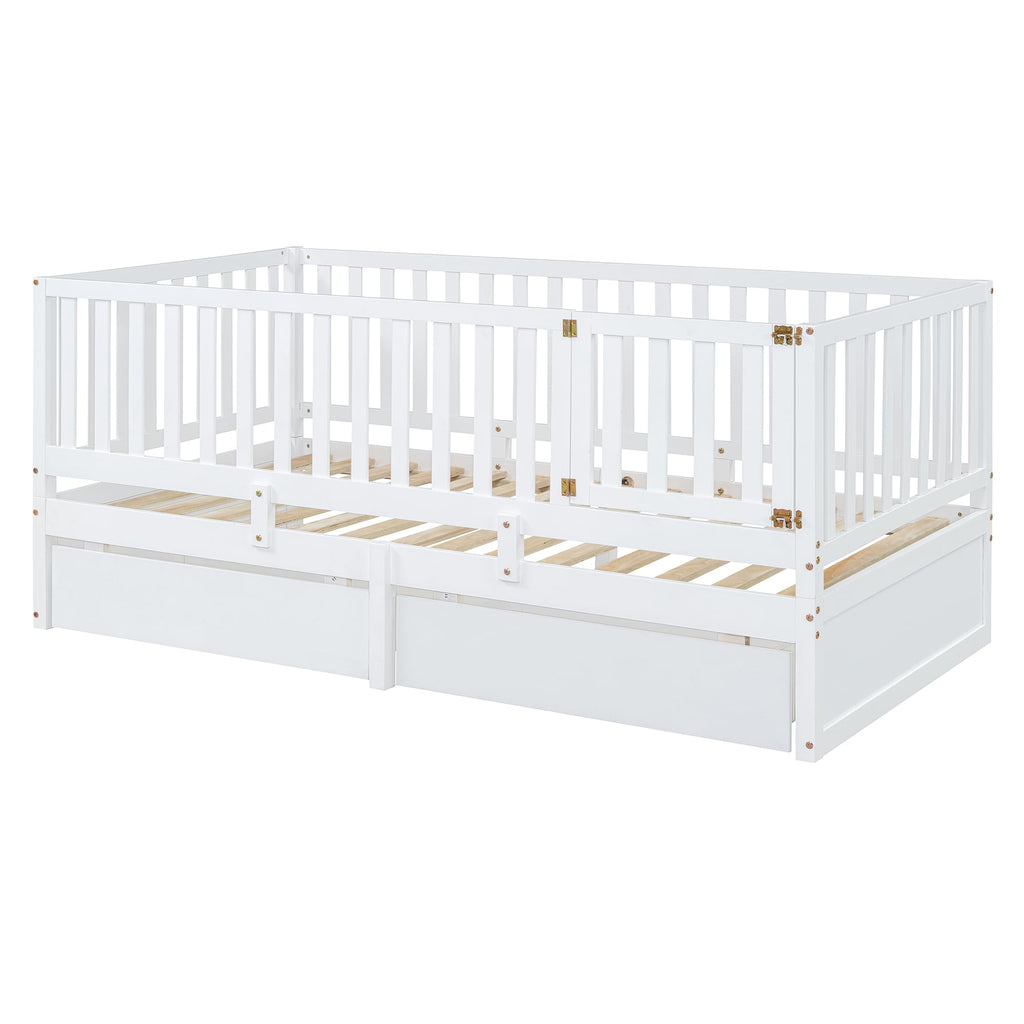 Solid Wood Twin Size Daybed with Storage Drawers and Safety Guardrail, White