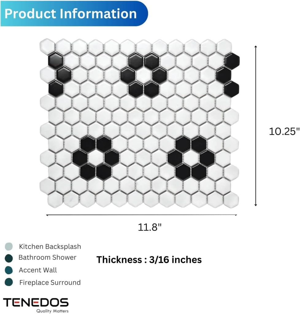 Hexagon Matte White with Black Hexagon Flower Pattern Porcelain Mosaic Floor and Wall Tile Backsplash, Bathroom
