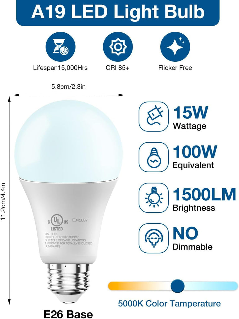 LED Light Bulbs, A19 5000K Daylight Light Bulbs 100 Watt Equivalent, 1500LM Bright White Light Bulbs, E26 Standard