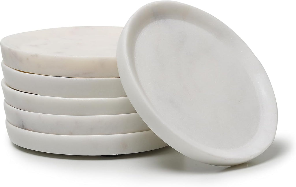 Marble Coasters with Raised Edges | 4 inch Dia | 100% Real Marble Drink Coasters | Modern Home Decor - Set of 6