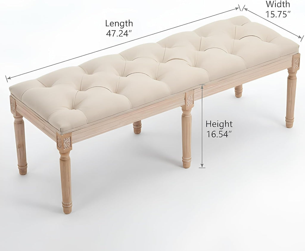47.2" Vintage Tufted Entryway Upholstered Linen Chaise Bench with RubberWood Legs, End of Bed Bench , Indoor Extra