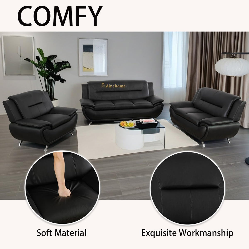 Modern Faux Leather Living Room Furniture Set - 6-Seat Sectional Sofa with Loveset and Chair (Black)
