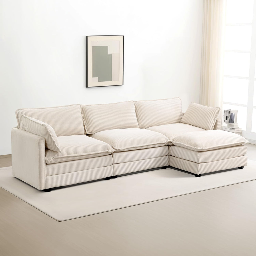 Oversized Modular Sectional Sofa with Movable Ottoman, 112-Inch 4-Seat Modern Corduroy L-Shaped Convertible Couch for Living Room or Office