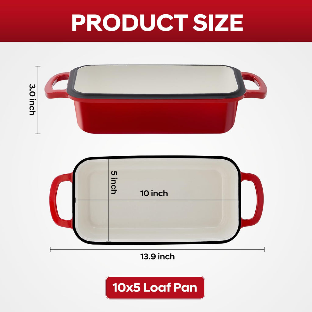 Cast Iron Loaf Pan with Lid 10x5 Inch Enameled Bread Loaf Pan for Sourdough, 2 Piece Set, Red