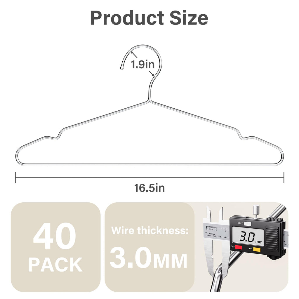 Coat Hanger, 40 Pack Metal Wire Hangers for Clothes, Stainless Steel, Heavy Duty, Ultra Thin, Space Saving, 16.5 Inch