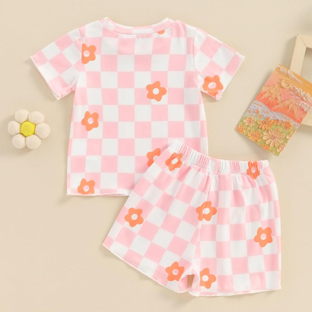 Toddler Girl Clothes Floral Plaid T-Shirt & Elastic Waistband Shorts Summer Outfits for Girls