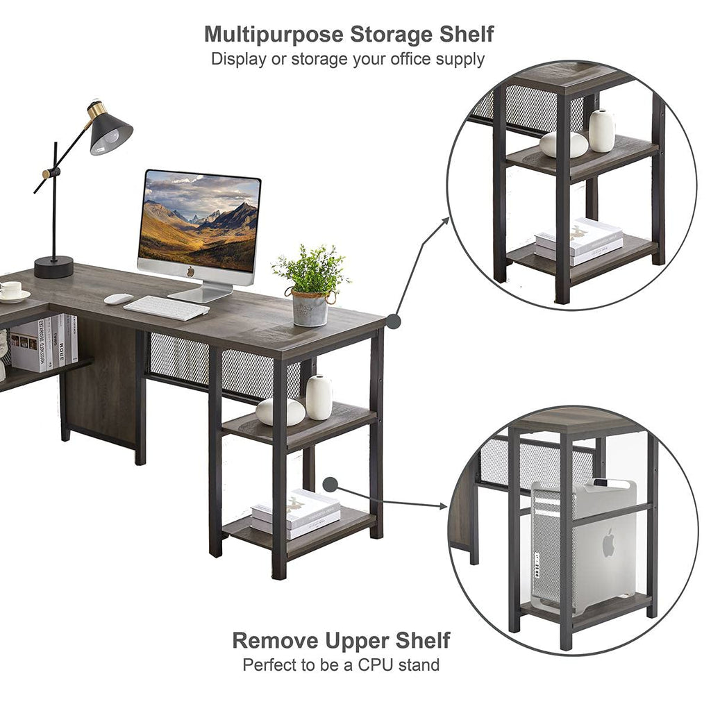 L Shaped Desk, Industrial Reversible Home Office Computer Desk with Wood Shelves, Corner Desks with Metal Legs