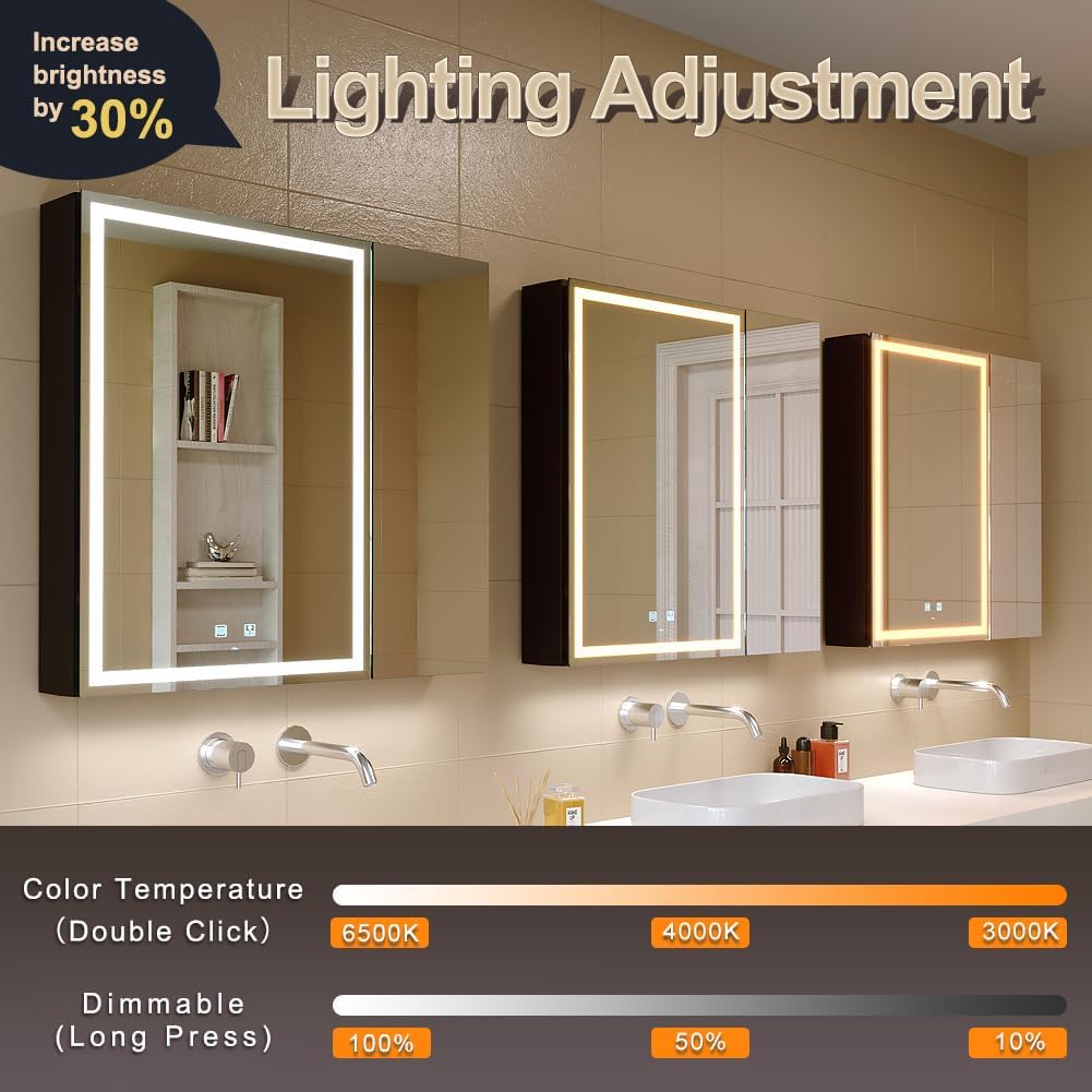 30x28 Inch Aluminum LED Bathroom Mirror Cabinet with Backlit Panel | Light Adjustment, Anti-Fog, Sockets&USBs, High