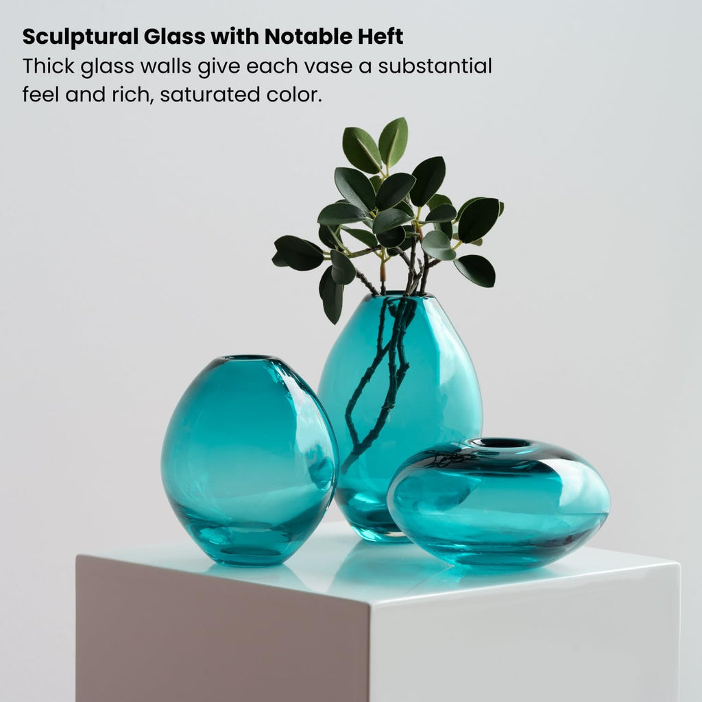 Blown Glass Teal Bud Vases - Hand Blown Turquise Vase Set & Clear Small Teal Vase for Flowers, Glass - Set of 3