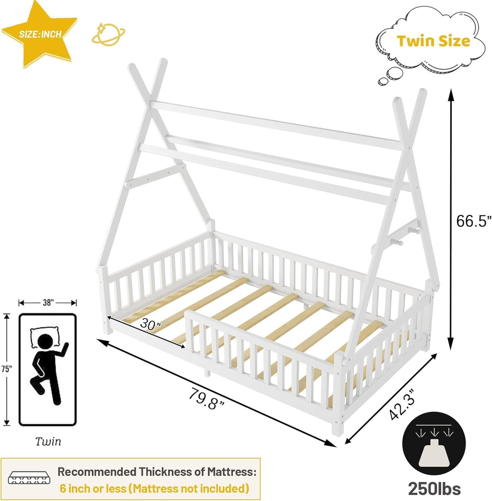 Twin Tent-Shaped Bed for Kids with LED Light, Teepee Floor Bed with Guardrails, Wooden Montessori Bed Frame