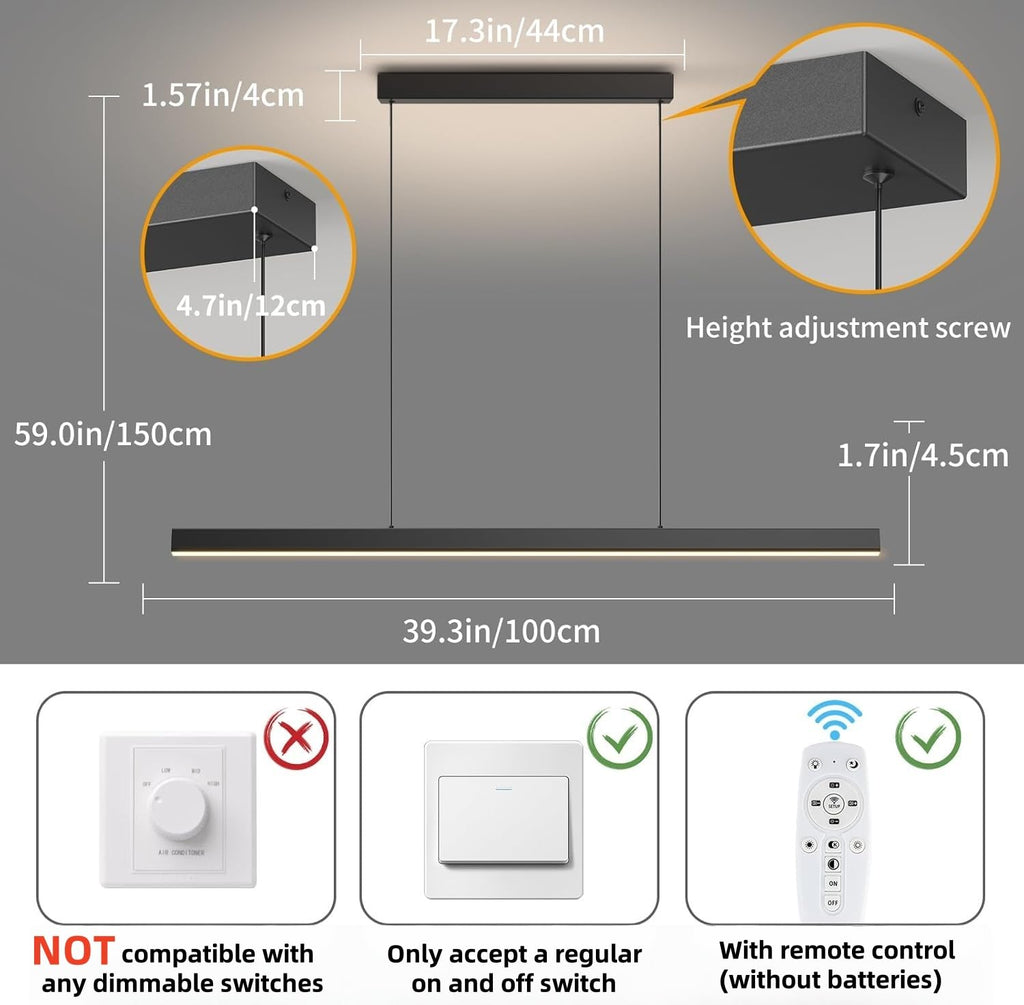 Modern Ceiling Pendant Lights,39in LED Black Linear Chandelier with Remote Control 3000k-6000K Adjustable Color