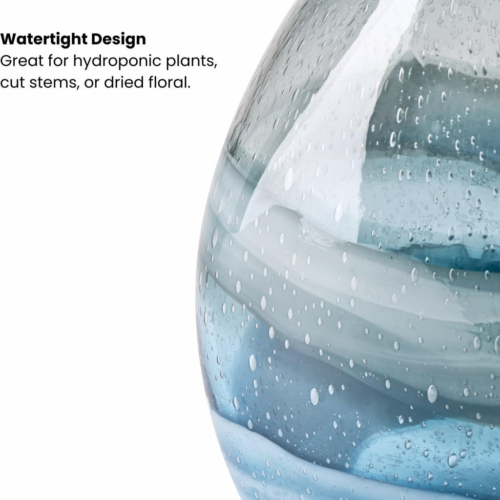 Andrea 11" Hand Blown Blue Glass Vase, Unique Coastal Swirls | Layered Blue & Gray Swirls, Narrow Opening, Watertight