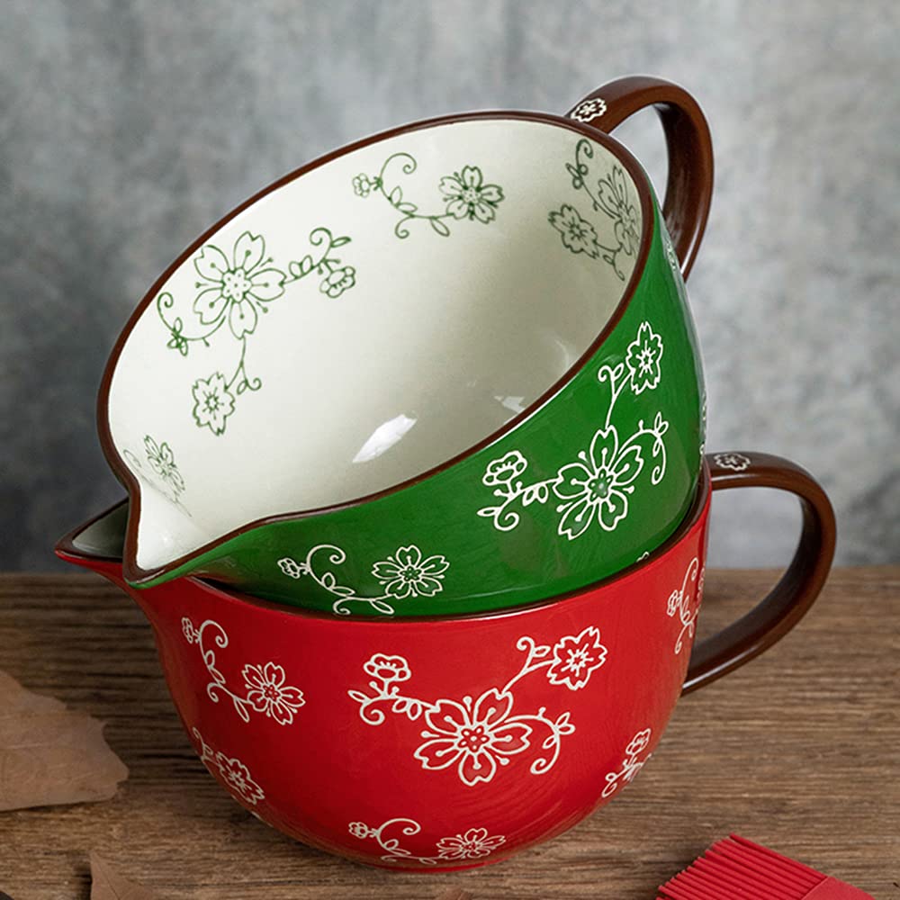 Cherry Blossom Pattern Kitchen Ceramic Mixing Bowl, 1 Quart Large Bowl, with Pouring Spout and Handle