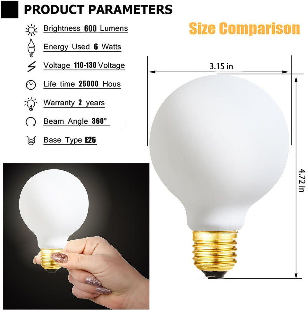 LED Light Bulb G25/G80 Dimmable Flick-Free Matt White 6W Cool White 5000k CRI95 600LM, 60W Equivalent Vintage LED
