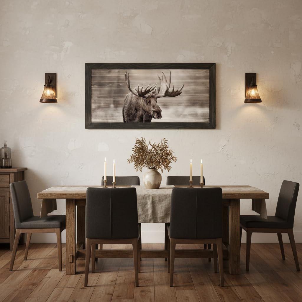 Large Moose Wall Art, Rustic Framed Wood Wildlife Print Decor, 40x20 Inch