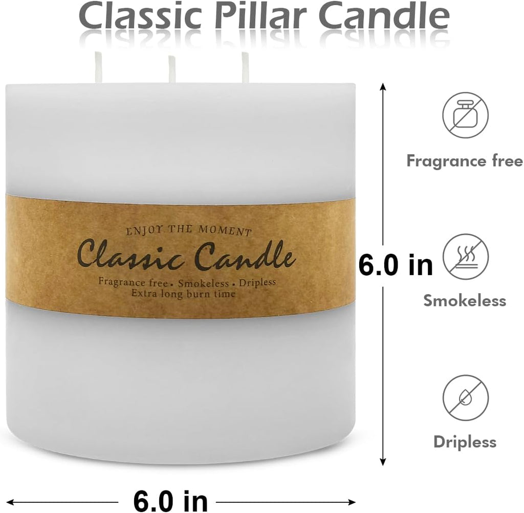 Large 3-Wick White Pillar Candle Decoration - 6x6 Inch