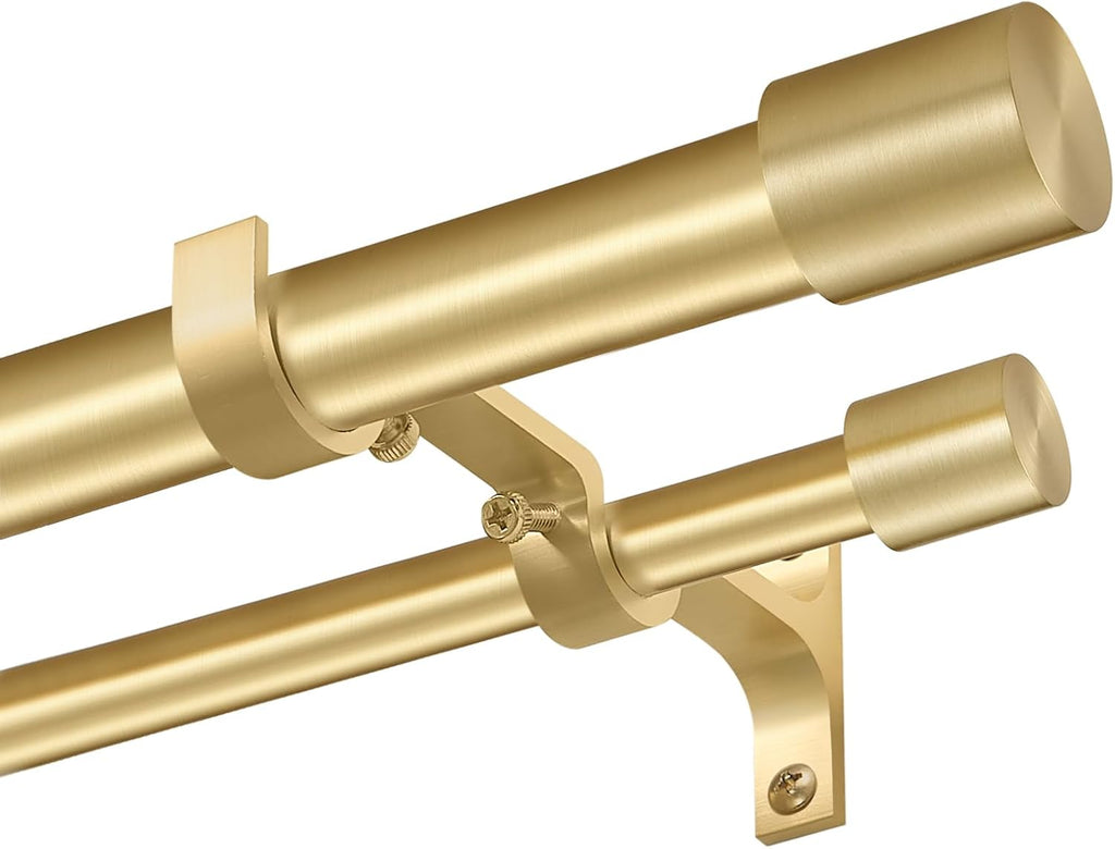Brass Double Curtain Rods with Cap Finials, Double Curtain Rods 72-144", Adjustable Dual Curtain Rod Double Window