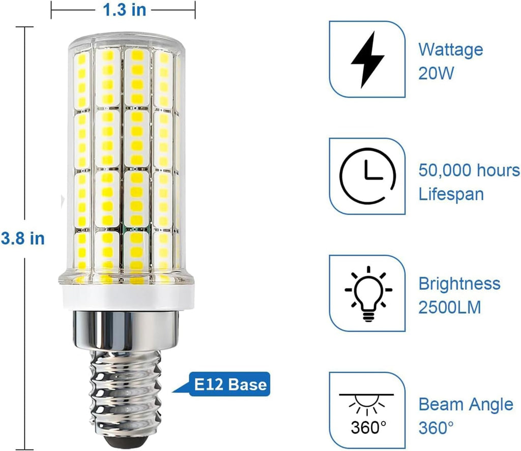 E12 LED Bulb, 20W 6pcs LED Corn Light Bulb 200W Equivalent 2500Lumen 5000K Cool Daylight White Non-Dimmable LED