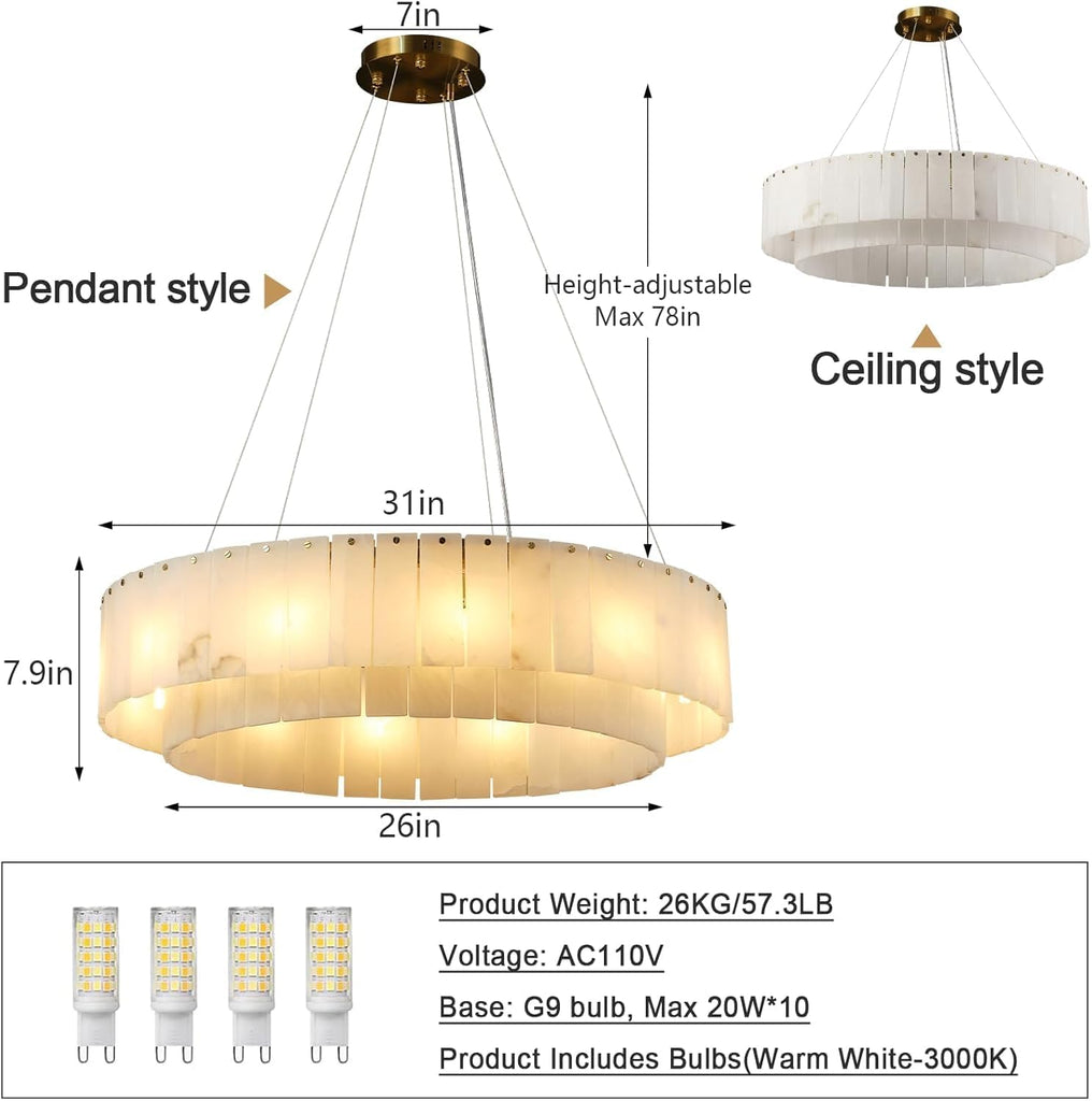 Alabaster Round Chandelier, D31in Modern Marble Dining Room Chandelier, 2 Tiers Brass Drum Pendant Light Fixtures, Gold Ceiling Light Chandeliers for Living Room, Bedroom Lights, Foyer, Kitchen A125-B0DPFRKY6Z