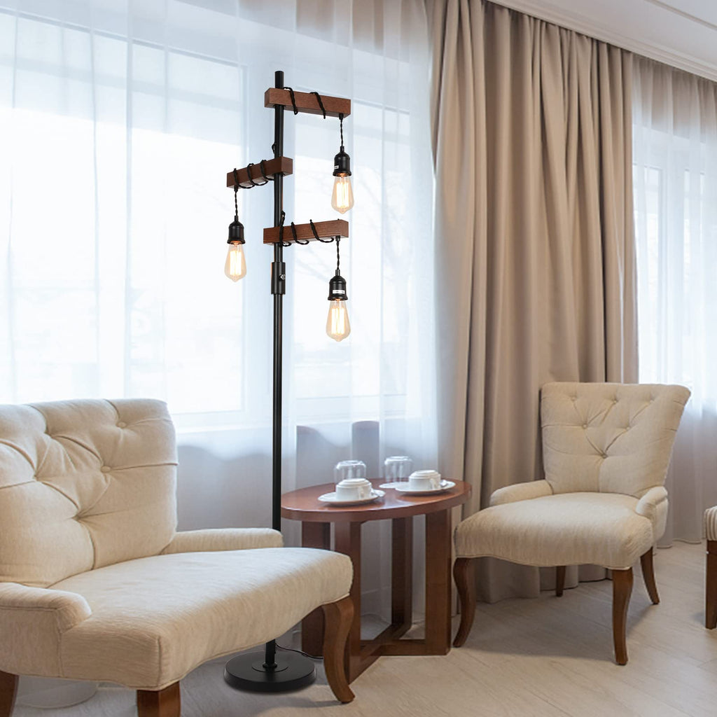 Dimmable Industrial Floor Lamp, Farmhouse Tree Floor Lamp, 68 Inch 3 Lights Wood Standing Lamp, Sturdy Base Tall