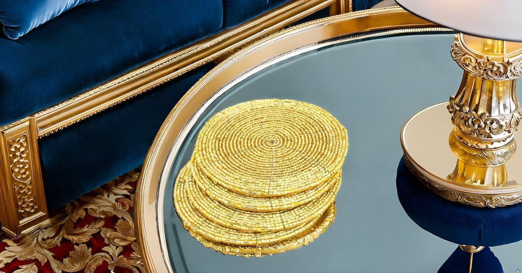 Indian Handmade Top Table Accessories Gold Shimmering 4" Round Beaded Coasters Suitable for Cold Drinks Mugs Cups - Set of 4